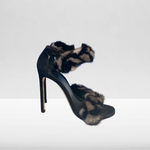 Stuart Weitzman Bunnylove Black Suede Stiletto in Smoke & Nero Mink Fur Sandal